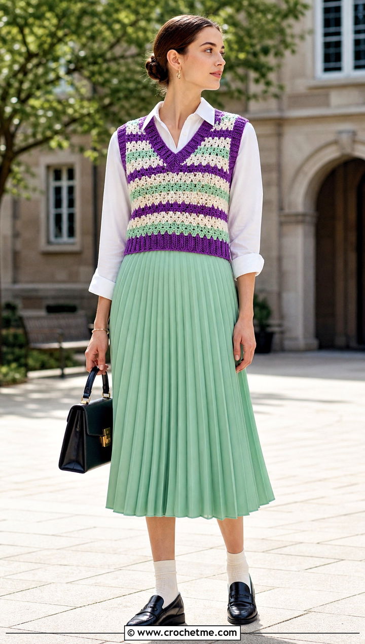 V Neck Stripe Crochet Vest With Pleated Skirt - 25 crochet vest stripes outfit ideas