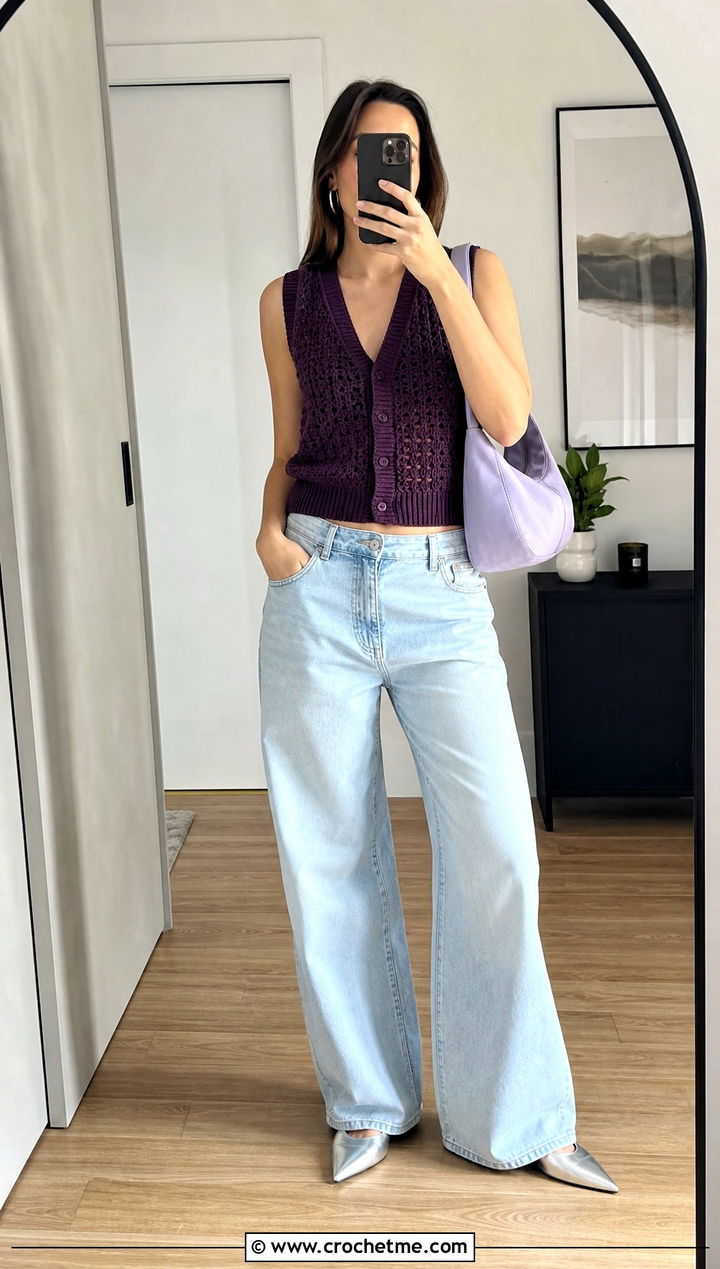 V Neck Summer Crochet Vest With Wide Leg Jeans - 15 Summer Crochet Vest Style outfit ideas
