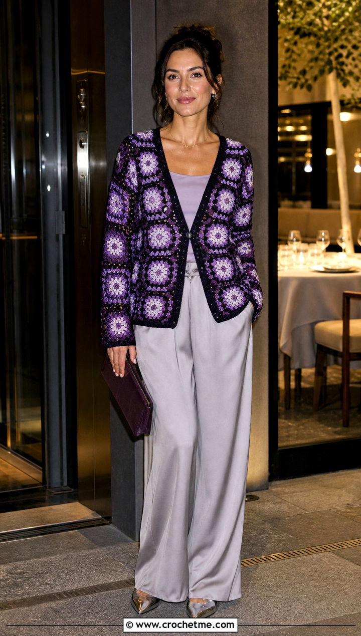 V Neck Sunburst Granny Square Cardigan With Satin Pants - 35 sunburst granny square cardigan outfit ideas