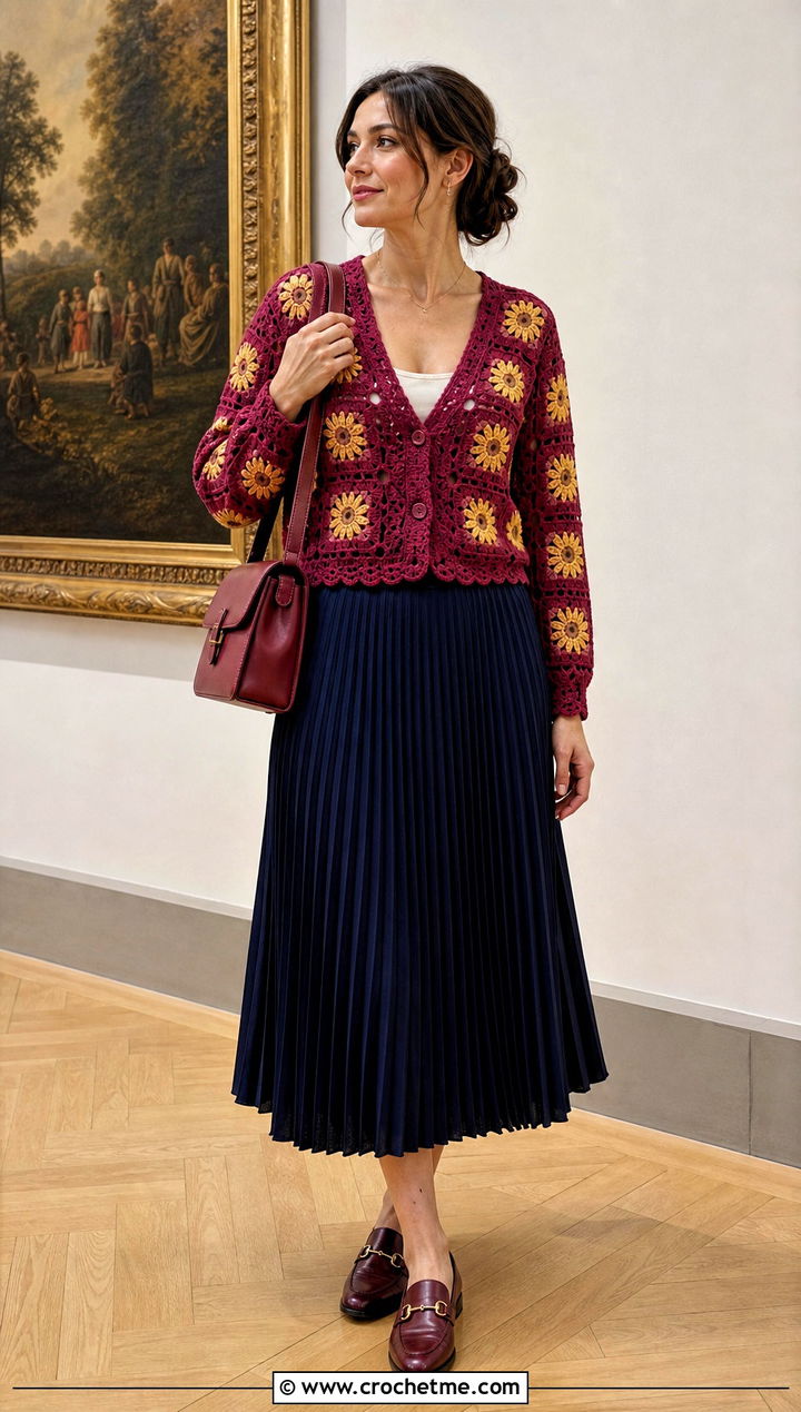 V Neck Sunflower Granny Square Sweater With Pleated Midi Skirt - 30 sunflower granny square sweater outfit ideas