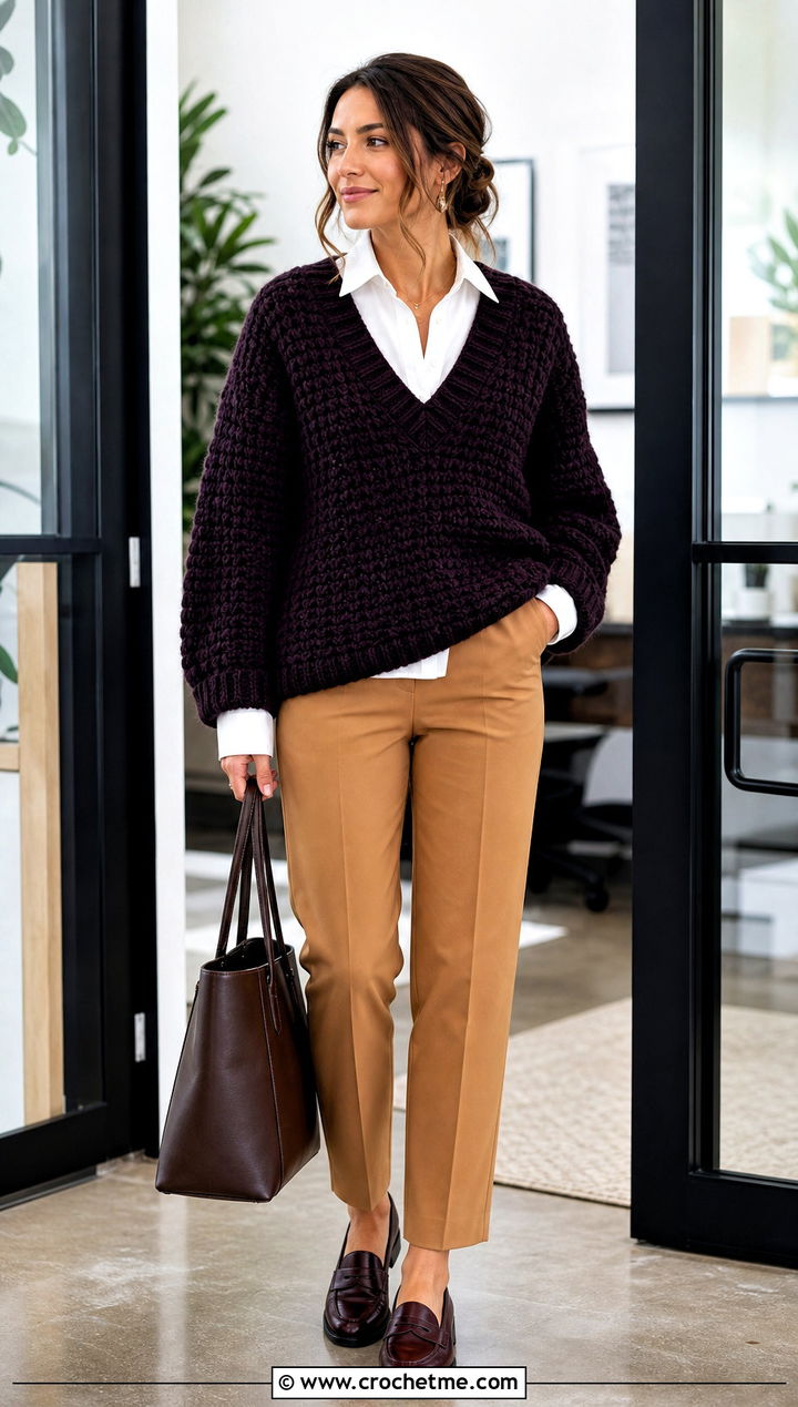 V Neck Super Bulky Crochet Sweater With White Button Down Shirt - 25 Super Bulky Crochet Sweater outfit ideas