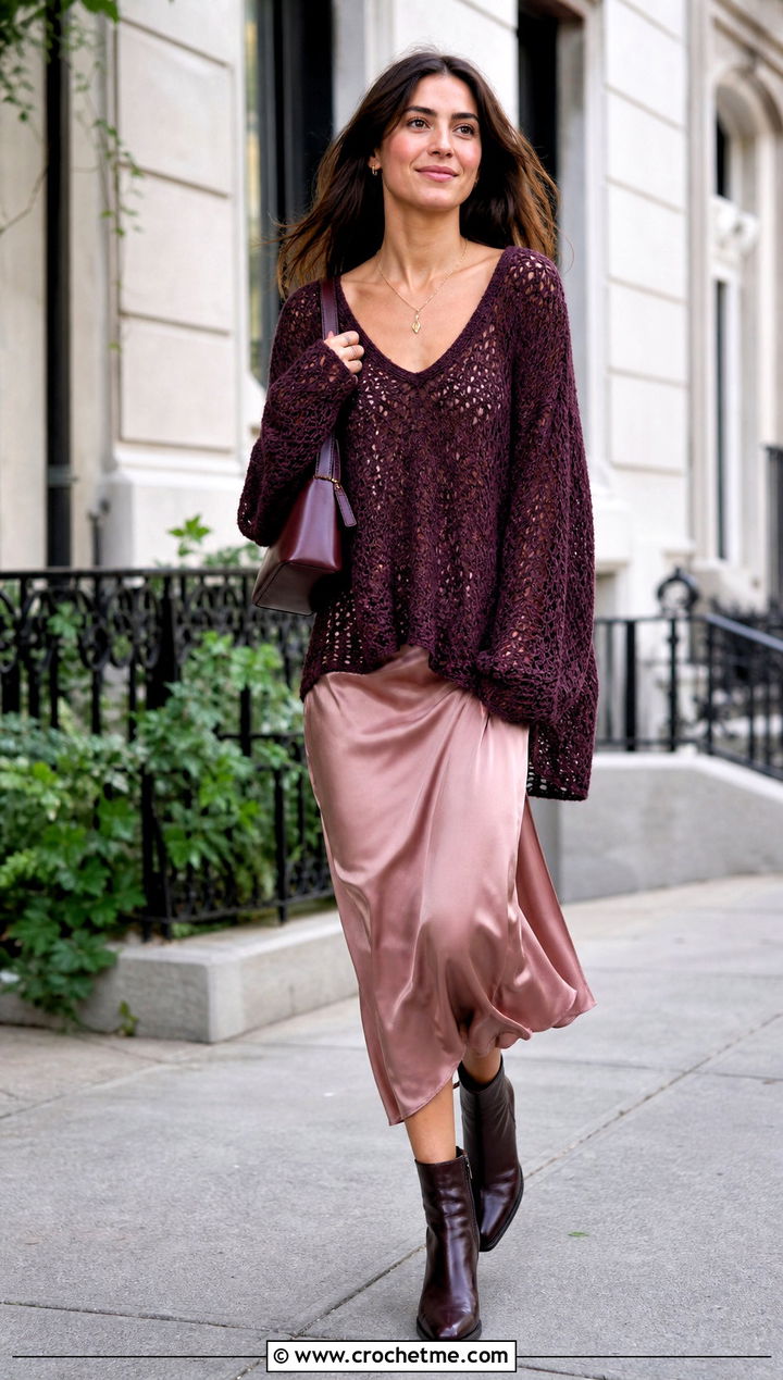 V Neck Super Slouchy Crochet Sweater With Slip Dress - 15 Super Slouchy Crochet Sweater outfit ideas