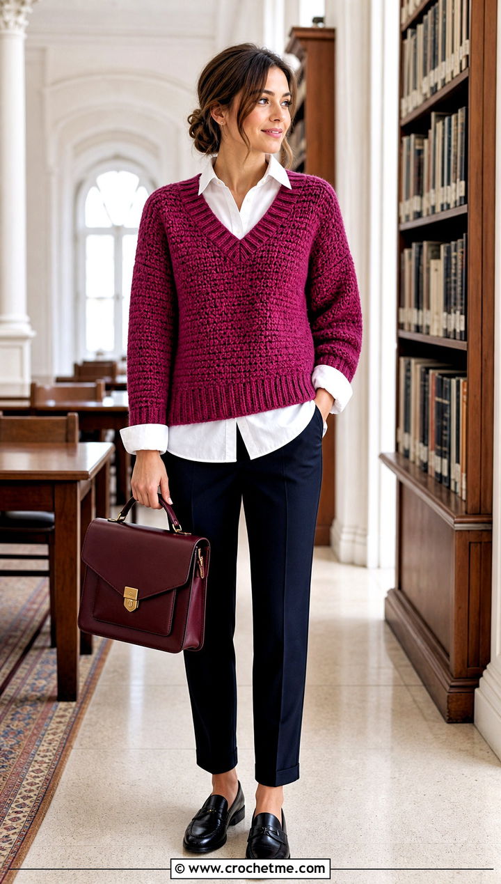 V Neck Thick Yarn Crochet Sweater With White Shirt And Loafers - 25 thick yarn crochet sweater outfit ideas
