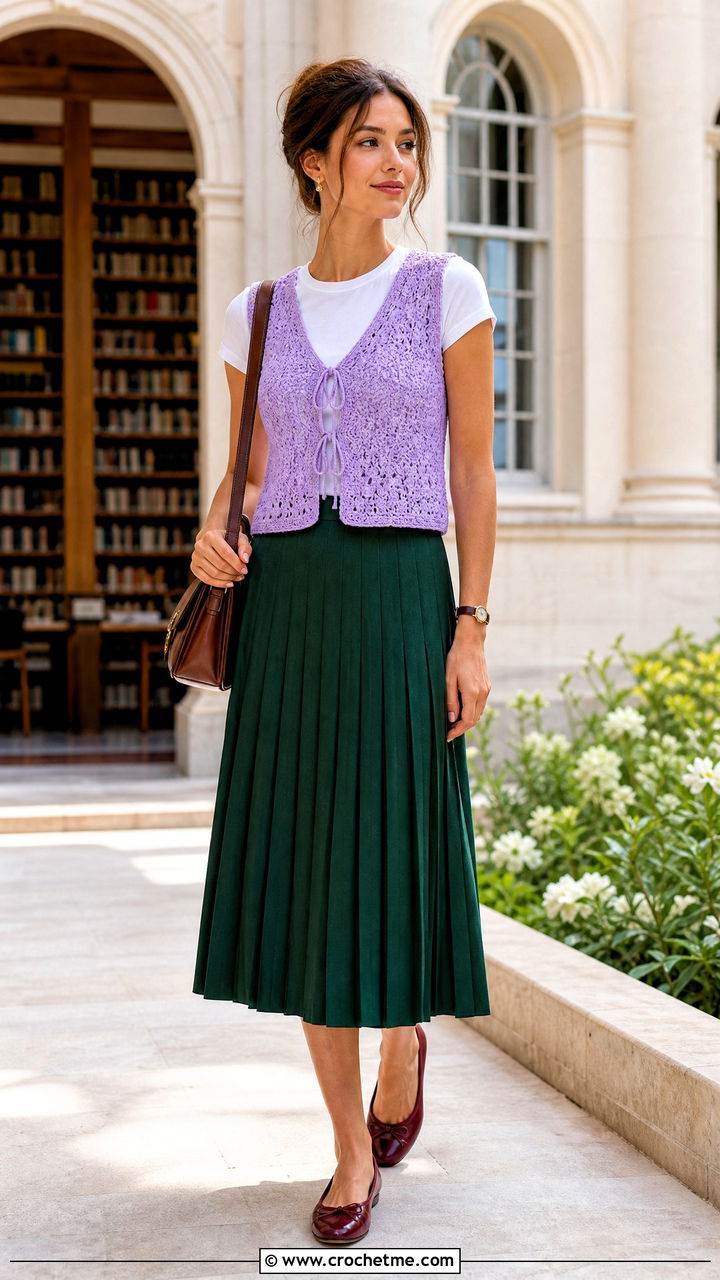 V Neck Tie Crochet Vest With Pleated Midi Skirt - 35 crochet tie vest outfit ideas
