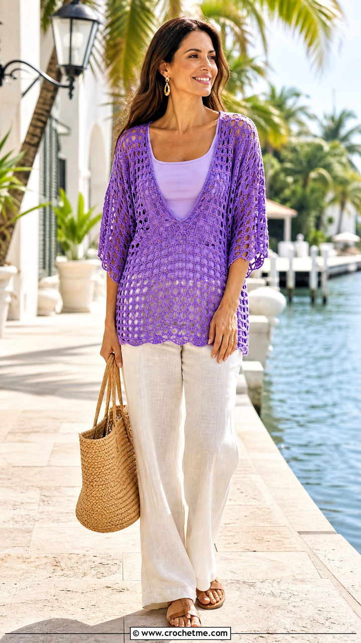 V Neck Tunic Crochet Cover Up Top With Linen Pants - 35 crochet cover up top outfit ideas