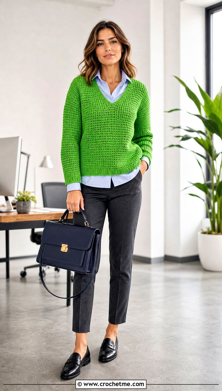 V Neck Tunisian Crochet Jumper With Poplin Shirt And Trousers - 30 tunisian crochet jumper outfit ideas