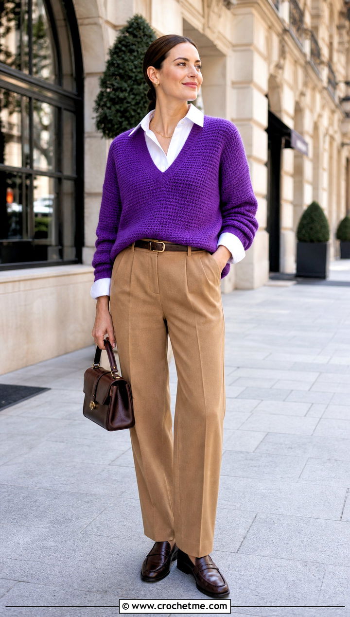 V Neck Tunisian Crochet Pullover With Pleated Trousers - 25 Tunisian Crochet Pullover outfit ideas