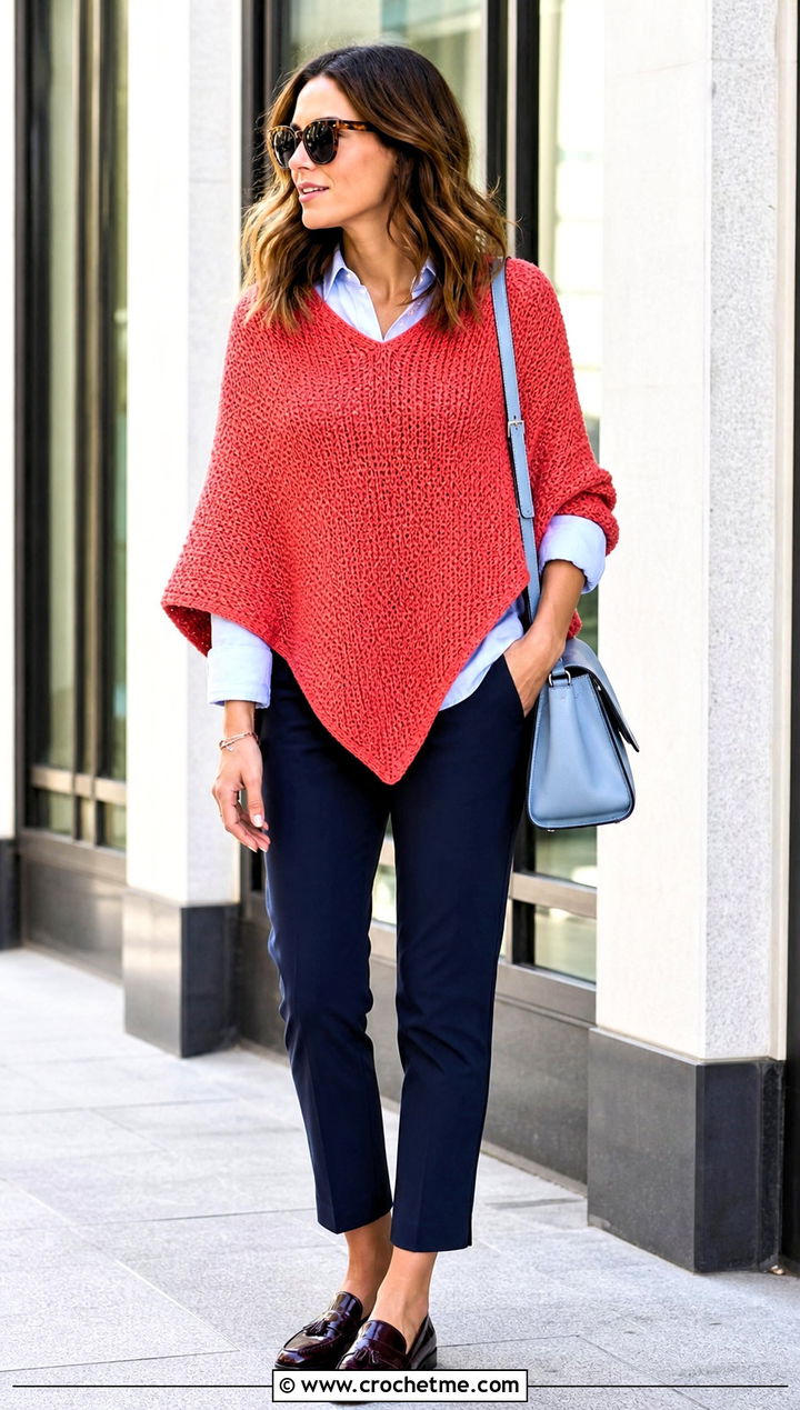V Neck Tunisian Poncho With A Button Down Shirt - 30 tunisian crochet poncho outfit ideas