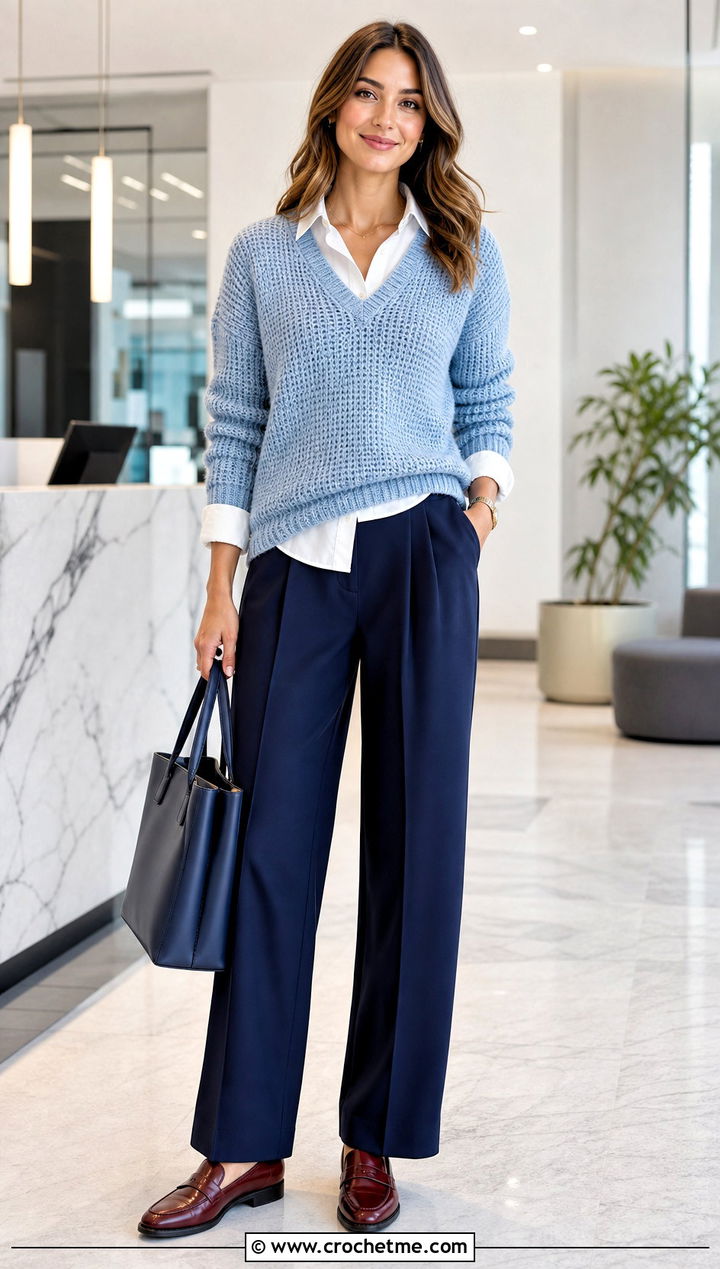 V Neck Tunisian Sweater With Collared Shirt And Trousers - 35 tunisian crochet sweater outfit ideas