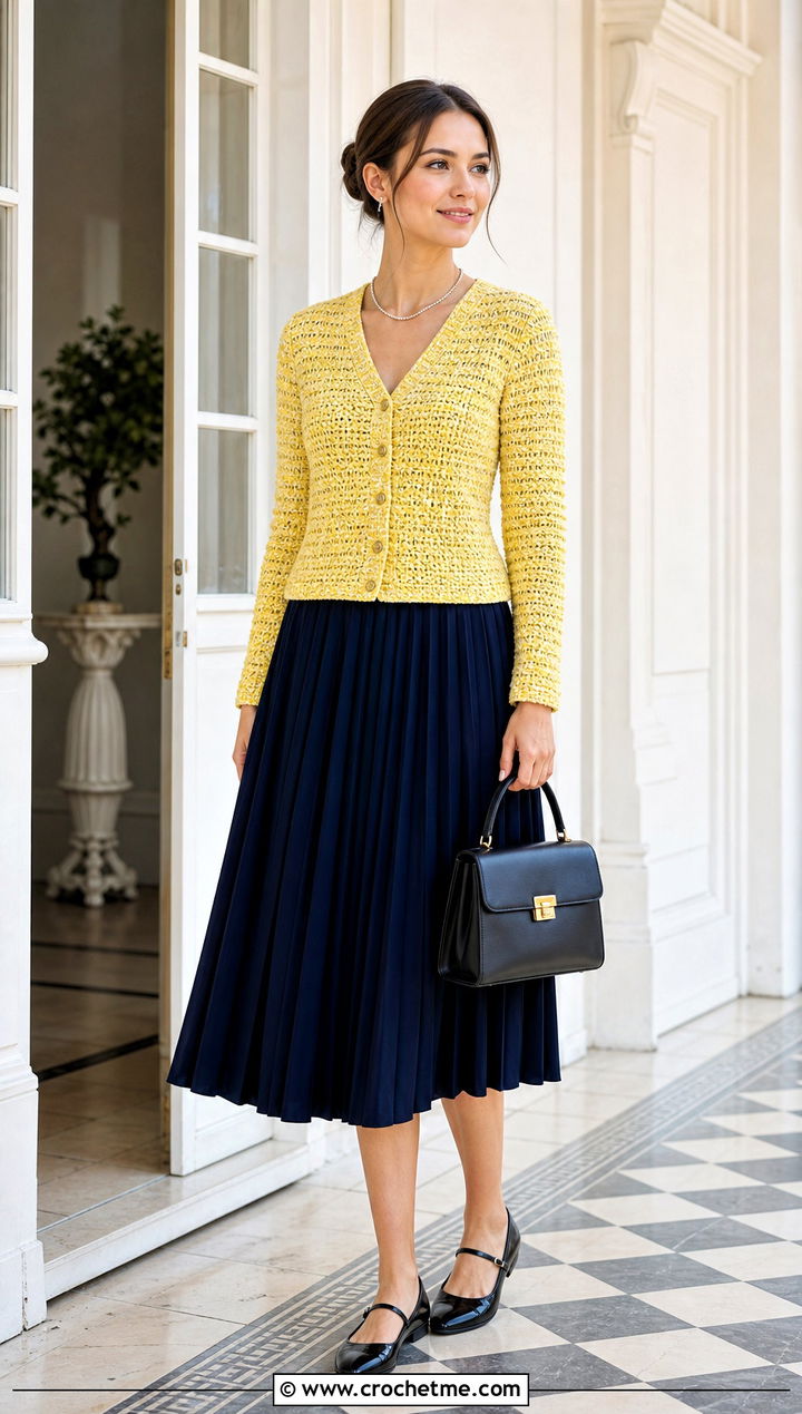 V Neck Tweed Crochet Cardi With Pleated Midi Skirt - 15 tweed crochet cardi outfit ideas