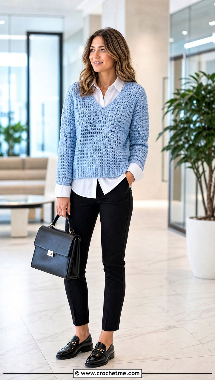 V Neck Waffle Stitch Crochet Sweater With Button Down Shirt - 30 waffle stitch crochet sweater outfit ideas