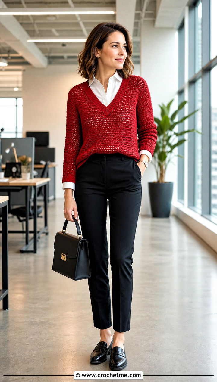 V Neck Yoke Crochet Sweater With Button Down Shirt - 25 Yoke Down Crochet Sweater outfit ideas