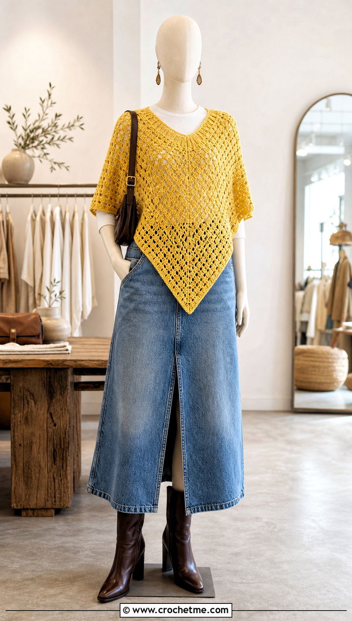 V Point Crochet Poncho With Denim Midi Skirt And Boots - 15 crochet poncho on mannequin outfit ideas