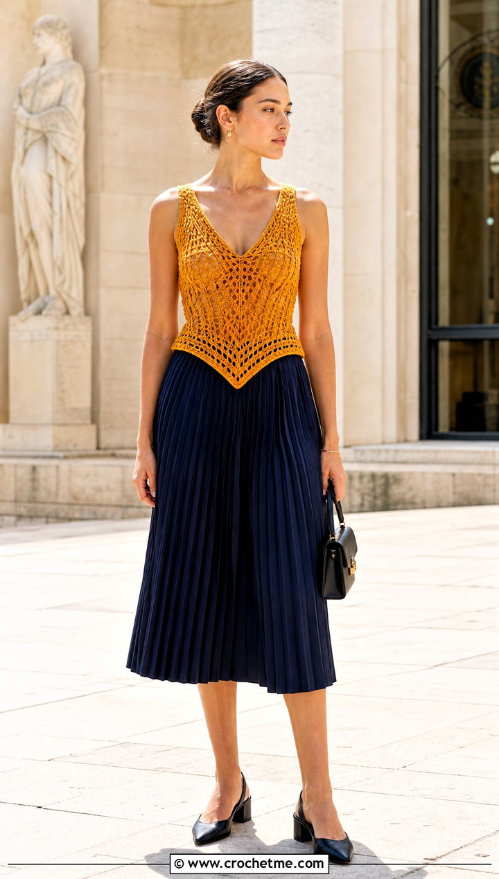 V Point Crochet Tank Top With Pleated Midi Skirt - 25 crochet v neck tank top outfit ideas