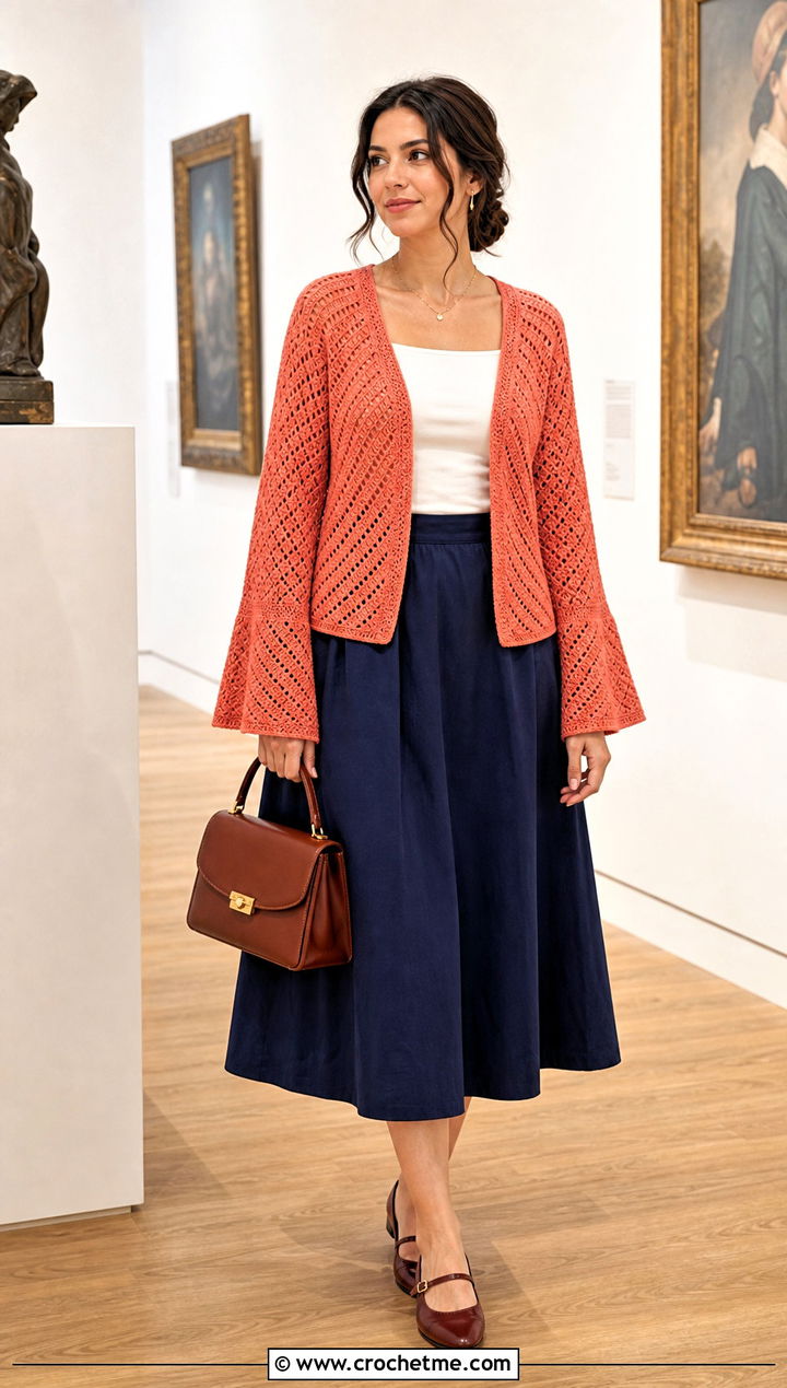 V Stitch Crochet Bell Sleeve Cardigan With Midi Skirt - 30 crochet bell sleeve cardigan outfit ideas