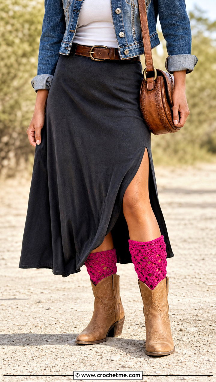 V Stitch Crochet Boot Cuffs With Maxi Skirt - 35 crochet boot cuffs outfit ideas