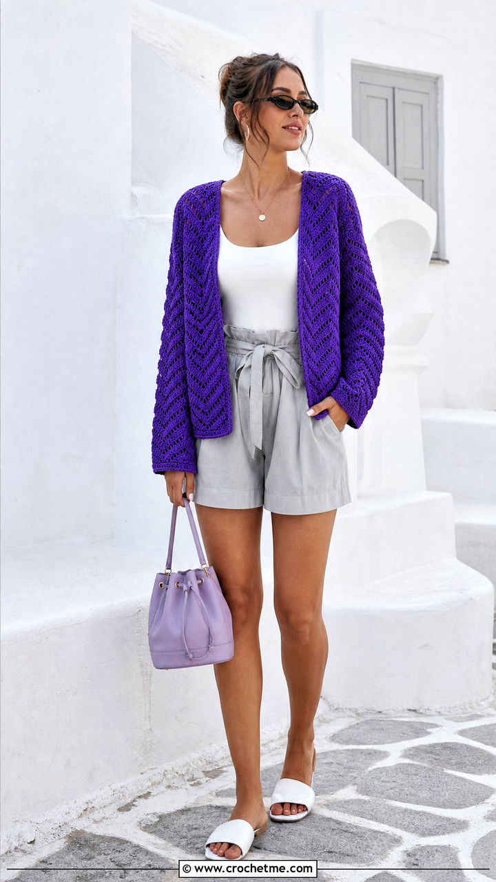 V Stitch Crochet Cardigan With Paperbag Shorts - 35 crochet summer cardigan outfit ideas