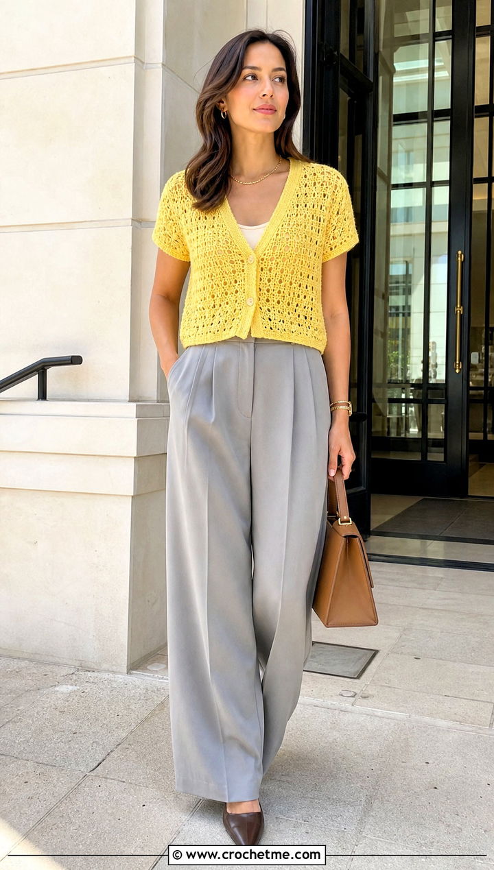 V Stitch Crochet Cardigan With Pleated Trousers - 25 short sleeve summer crochet cardigan outfit ideas