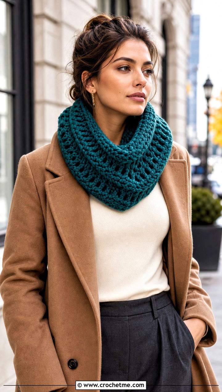 V Stitch Crochet Chunky Cowl With Wool Coat - 30 crochet chunky cowl outfit ideas