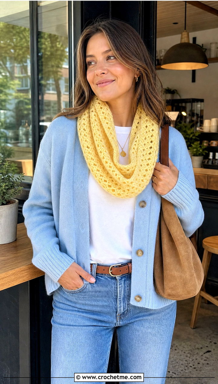 V Stitch Crochet Cowl With Cardigan And Jeans - 25 cowl crochet scarf outfit ideas