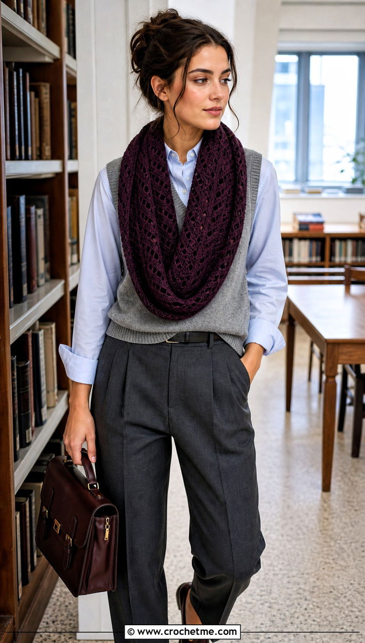 V Stitch Crochet Infinity Scarf With Sweater Vest - 25 infinite crochet scarf outfit ideas