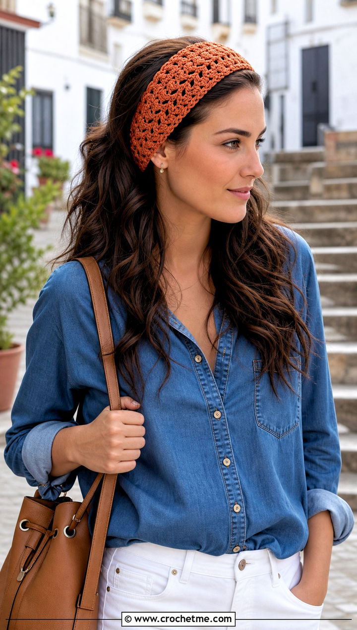 V Stitch Crochet Lace Headband With Denim Shirt And White Pants - 30 crochet lace headband outfit ideas