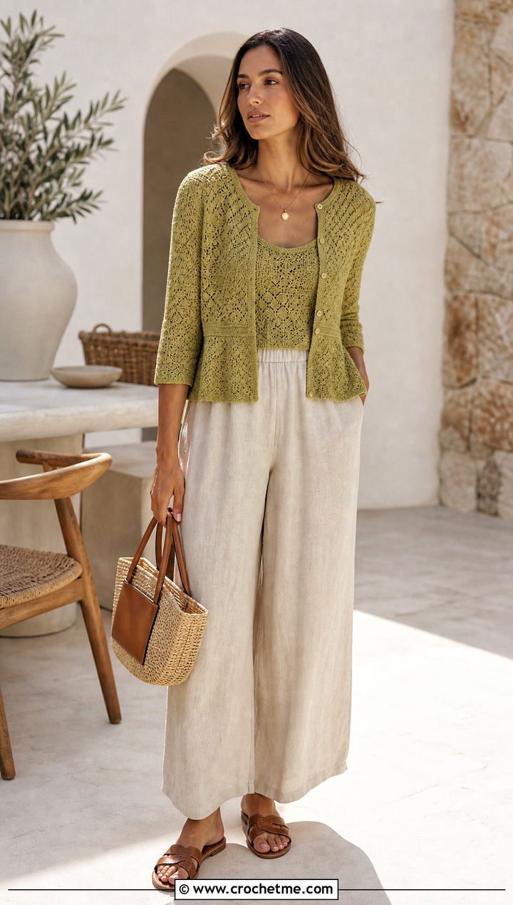 V Stitch Crochet Peplum Cardigan With Linen Culottes - 25 Crochet Peplum Cardigan outfit ideas