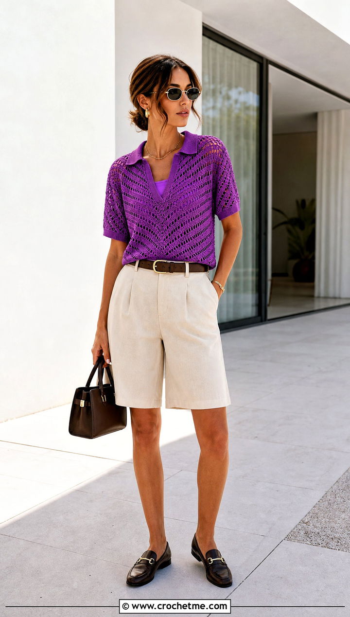 V Stitch Crochet Polo With Bermuda Shorts - 15 Crochet Stitches Clothes and outfit ideas