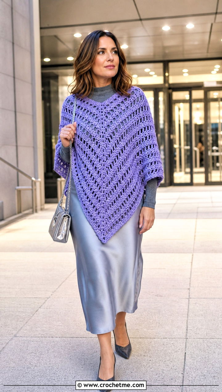 V Stitch Crochet Poncho Shawl With Satin Midi Skirt - 20 crochet poncho shawl outfit ideas