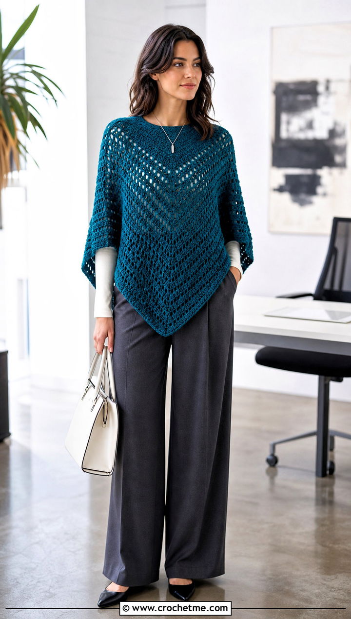 V Stitch Crochet Poncho With Wide Leg Trousers - 25 Beginner Crochet Poncho outfit ideas