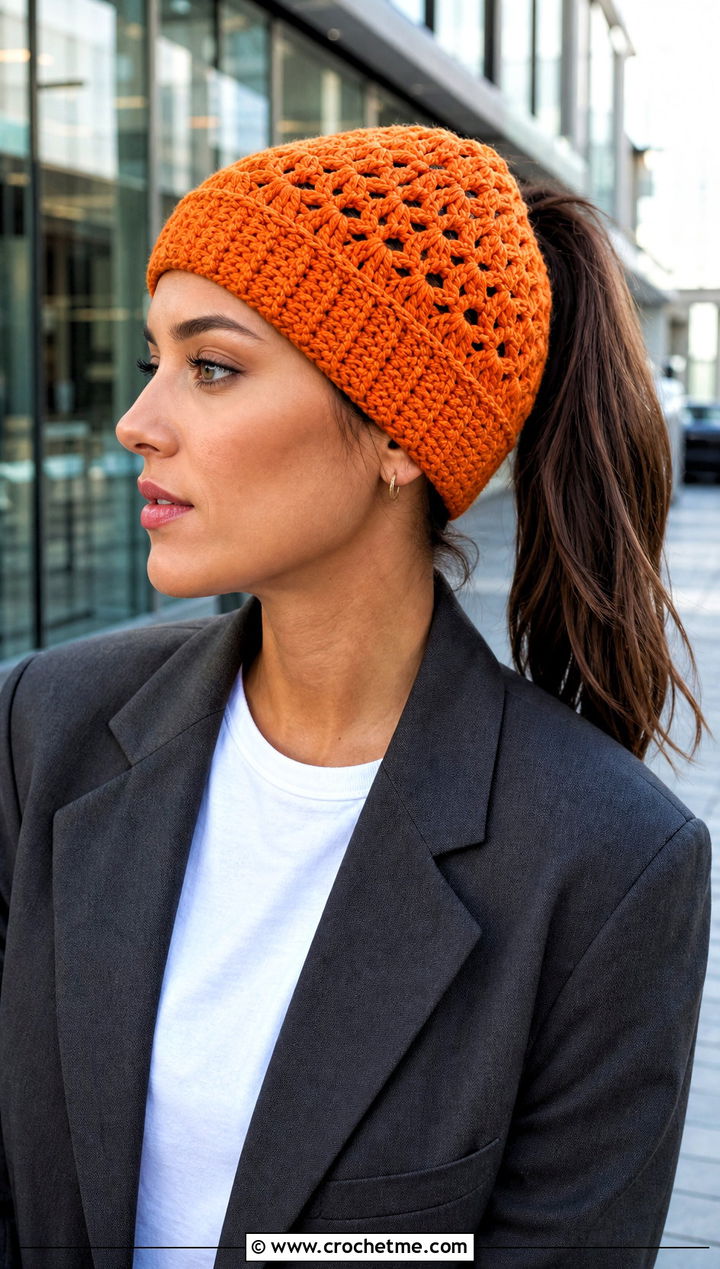 V Stitch Crochet Ponytail Beanie With Blazer - 30 crochet hat with ponytail hole outfit ideas