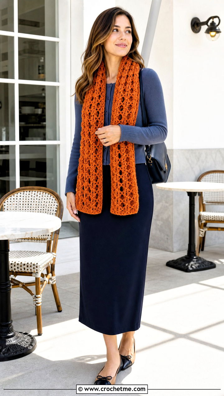 V Stitch Crochet Scarf With Cardigan And Column Skirt - 35 small crochet scarf outfit ideas
