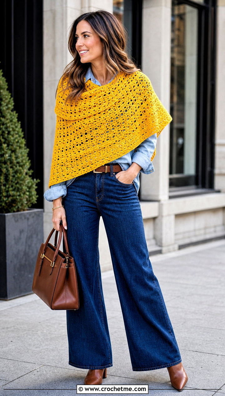 V Stitch Crochet Semi Circle Shawl With Denim Outfit - 25 Crochet Semi Circle Shawl outfit ideas
