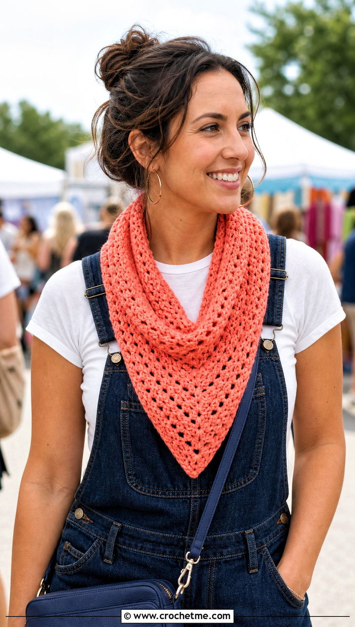 V Stitch Crochet Shawl With Denim Overalls - 20 Light Weight Crochet Shawl outfit ideas