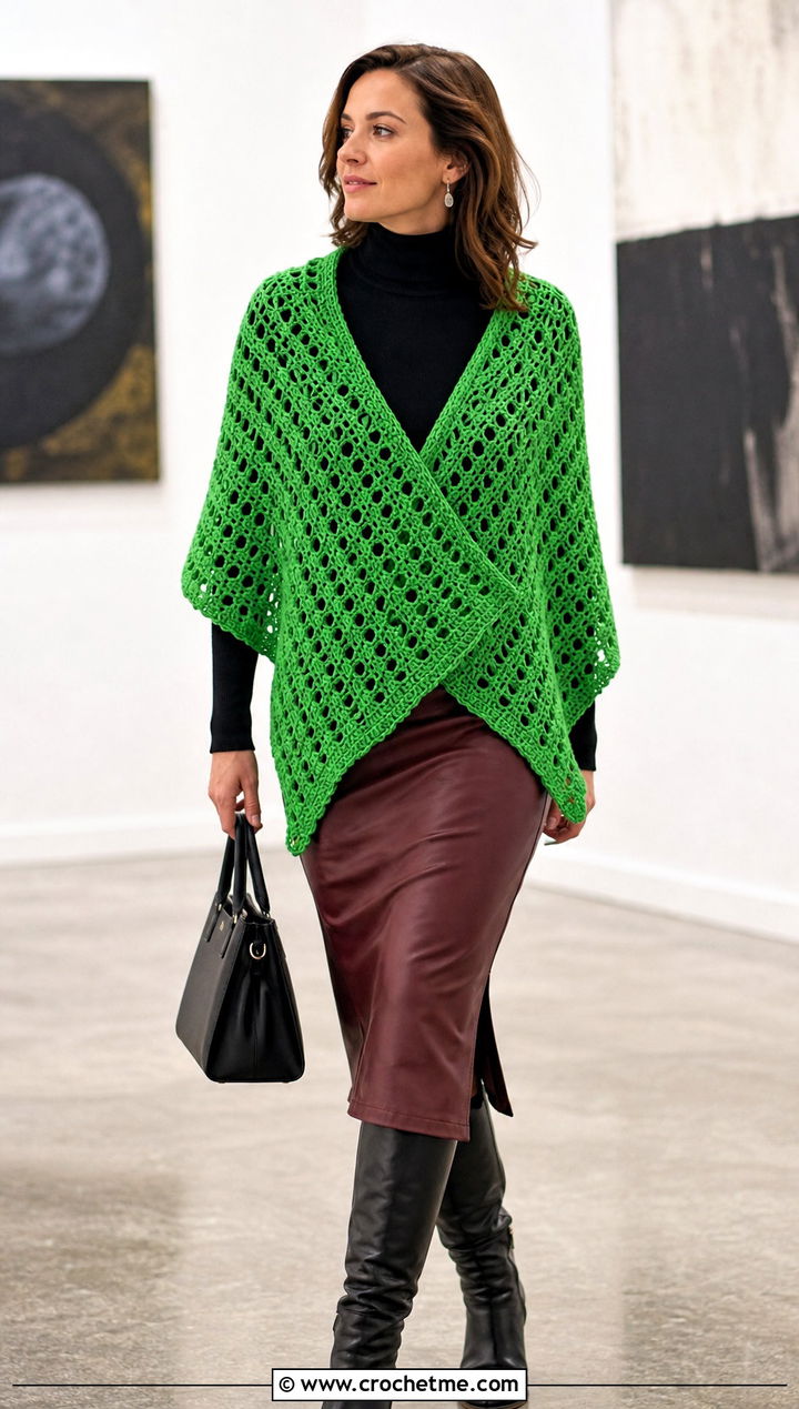 V Stitch Crochet Shawl With Faux Leather Skirt - 30 winter crochet shawl outfit ideas