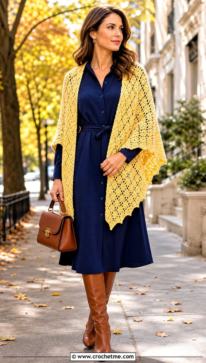 V Stitch Crochet Shawl With Shirt Dress And Boots - 30 crochet shawl wrap outfit ideas