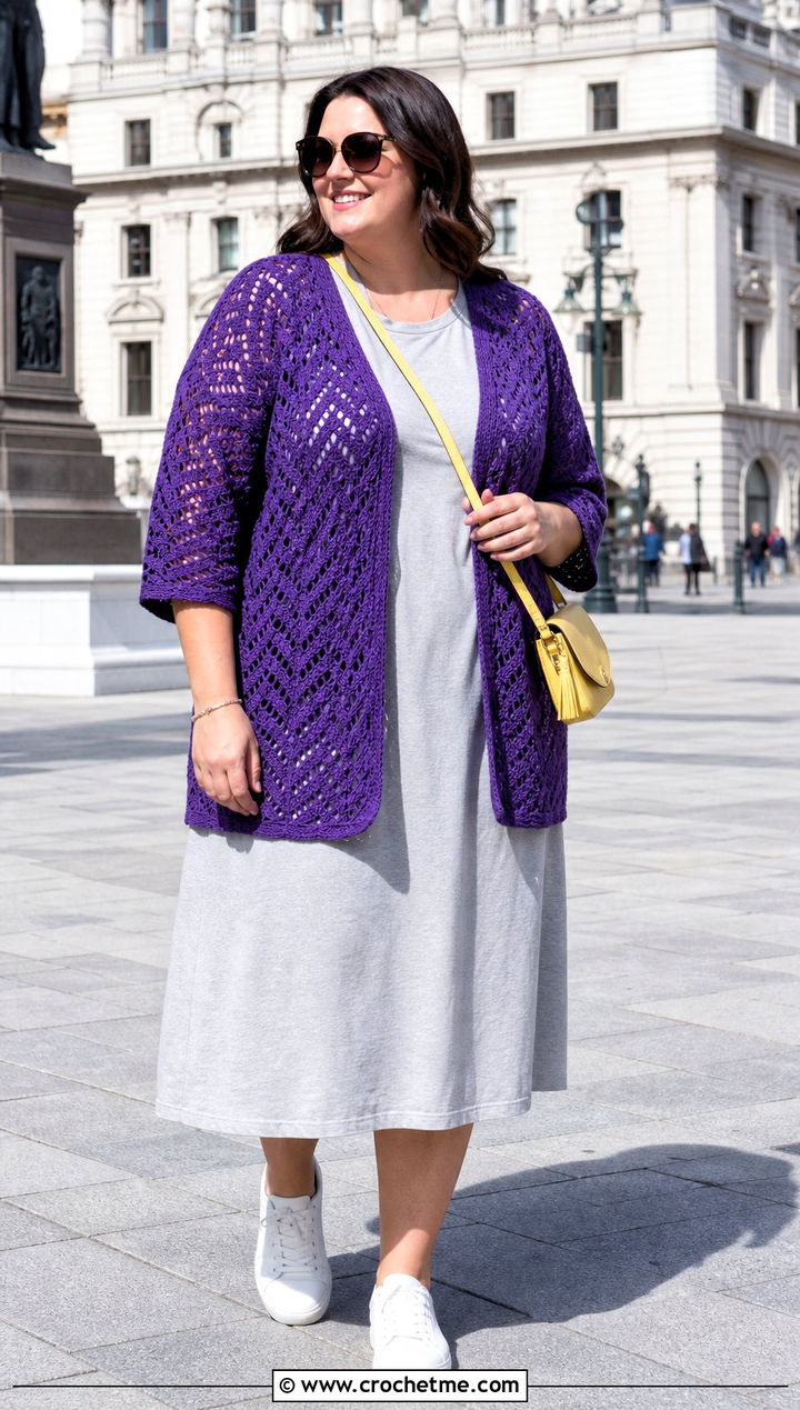 V Stitch Crochet Summer Cardigan With T Shirt Dress - 30 plus size crochet summer cardigan outfit ideas
