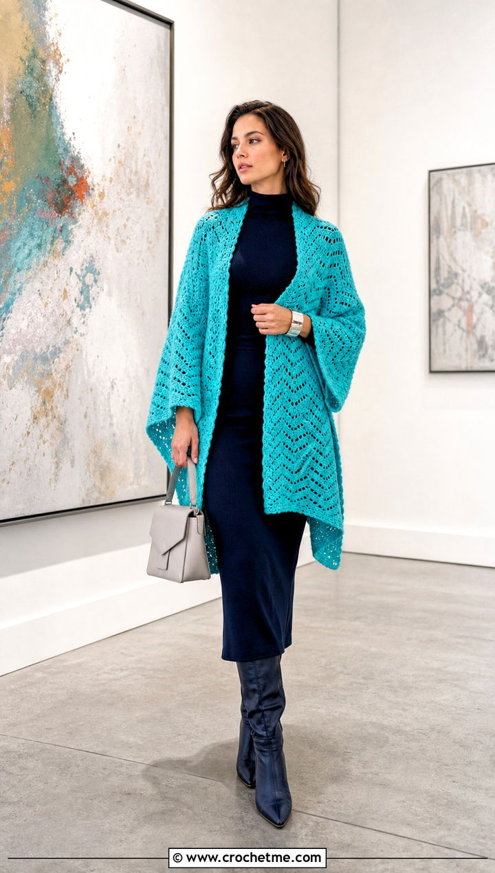 V Stitch Crochet Sweater Blanket With Column Dress - 25 crochet sweater blanket outfit ideas
