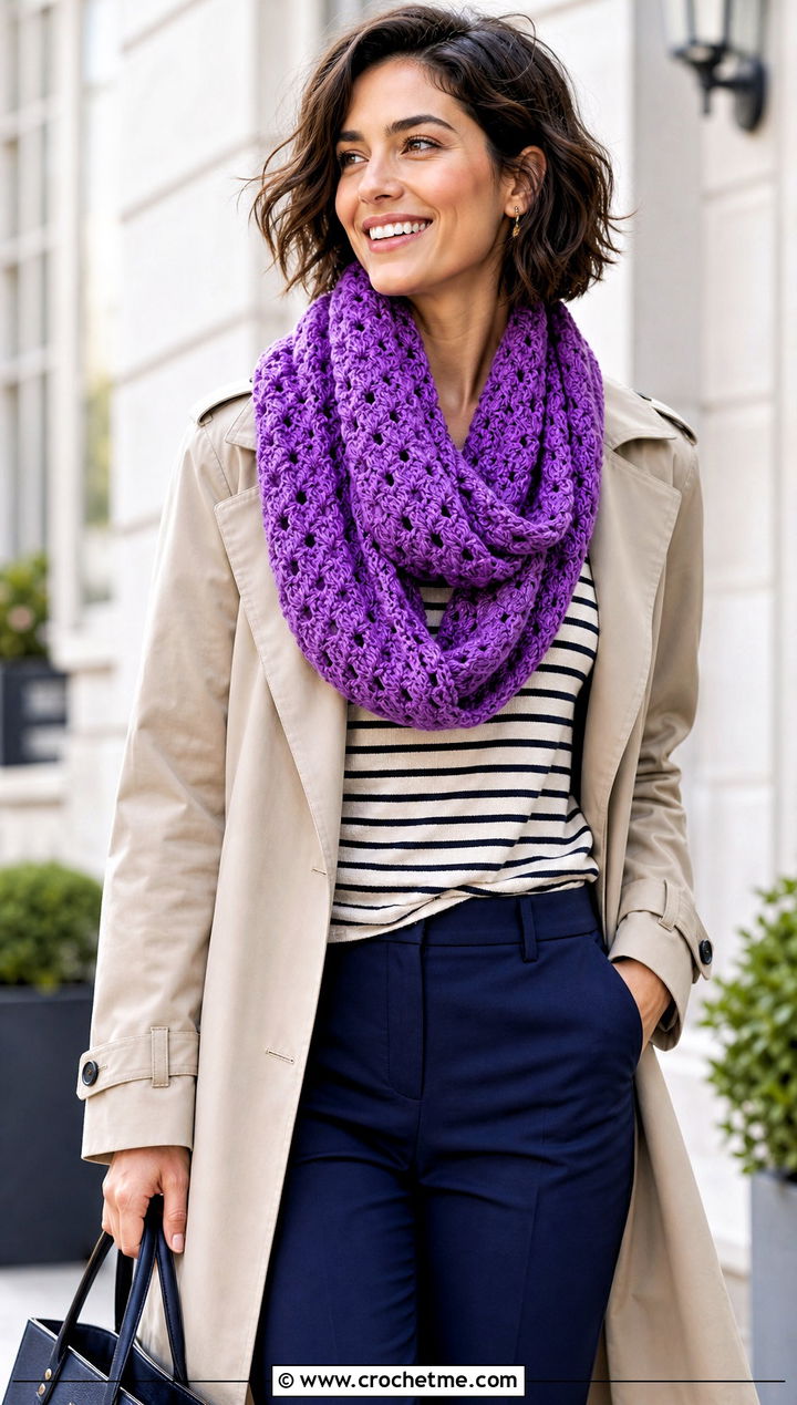 V Stitch Crocheted Infinity Scarf With Trench Coat - 25 Crocheted Infinity Scarf outfit ideas