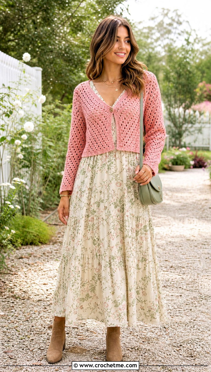 V Stitch Crop Crochet Cardigan With Floral Maxi Dress - 25 crop crochet cardigan outfit ideas