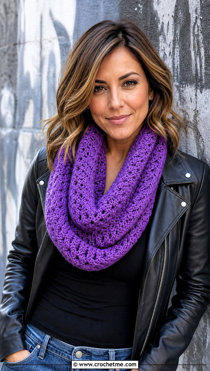 V Stitch Infinity Scarf With Leather Jacket - 20 Lacy Crochet Infinity Scarf outfit ideas