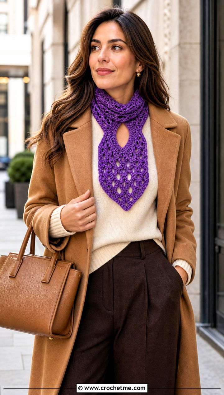 V Stitch Keyhole Crochet Scarf With Camel Coat - 25 Keyhole Crochet Scarf outfit ideas