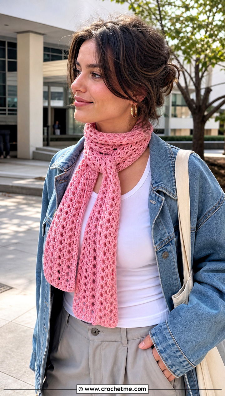 V Stitch Keyhole Crochet Scarf With Denim Jacket - 15 Key Hole Crochet Scarf outfit ideas