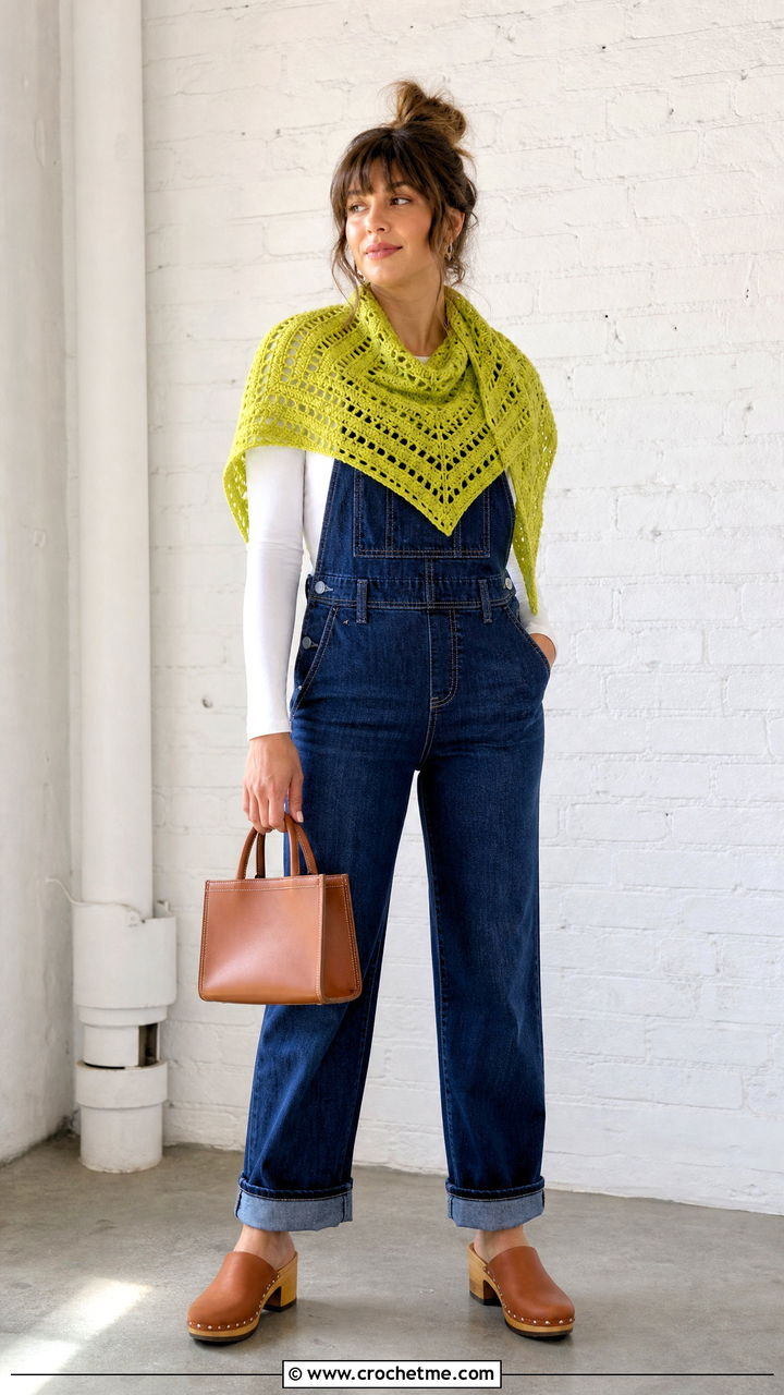 V Stitch Lacy Crochet Shawl With Denim Overalls - 35 lacy crochet shawl outfit ideas