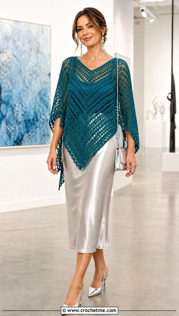 V Stitch Mesh Crochet Poncho With Satin Midi Skirt - 20 Easy Crochet Poncho For Beginners outfit ideas