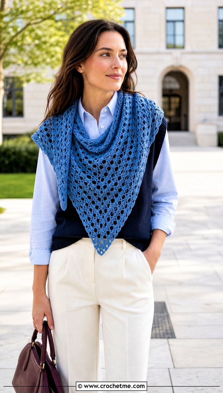 V Stitch Mesh Triangle Shawl With Preppy Outfit - 30 Crochet Mesh Triangle Shawl outfit ideas