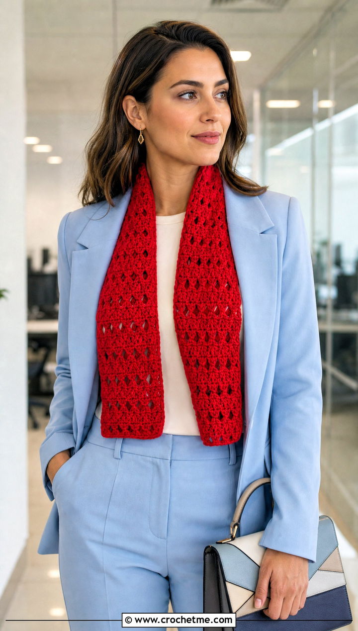 V Stitch One Row Repeat Crochet Scarf With Pantsuit - 20 one row repeat crochet scarf outfit ideas