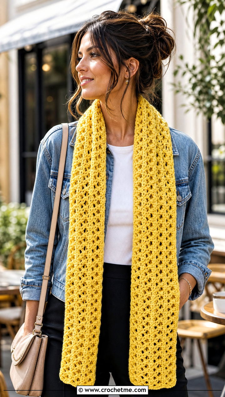 V Stitch Openwork Crochet Scarf With Denim Jacket - 15 openwork crochet scarf outfit ideas