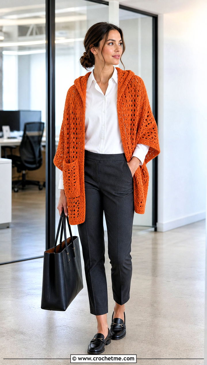 V Stitch Pocket Crochet Hooded Shawl With Office Trousers - 35 crochet hooded shawl outfit ideas