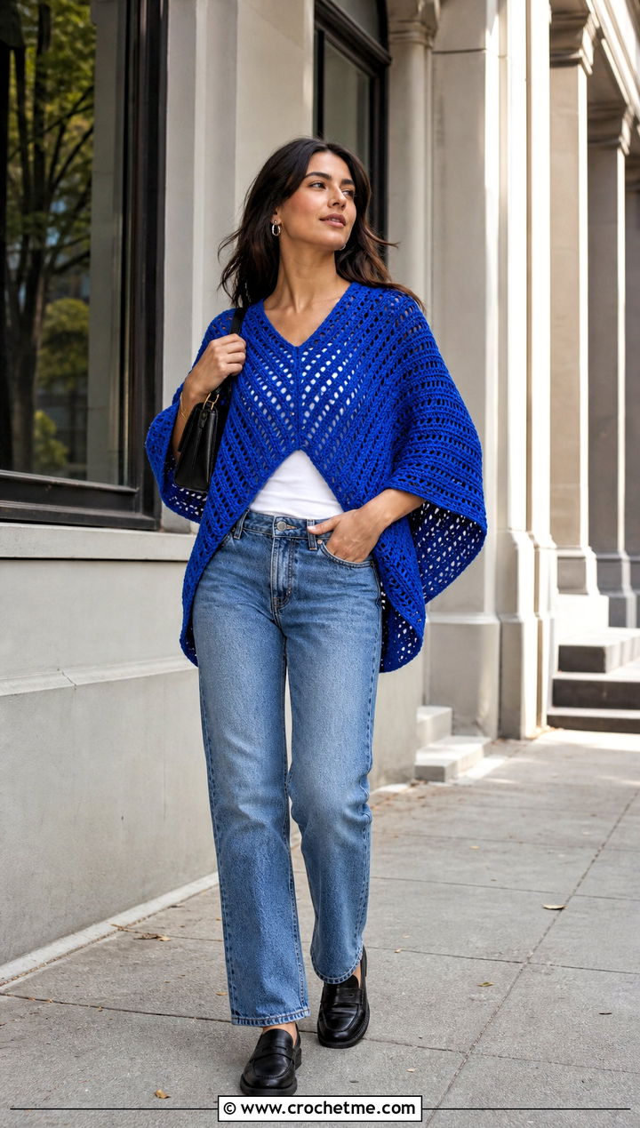 V Stitch Rectangle Crochet Poncho With Straight Leg Jeans - 15 Easy Crochet Poncho From A Rectangle outfit ideas
